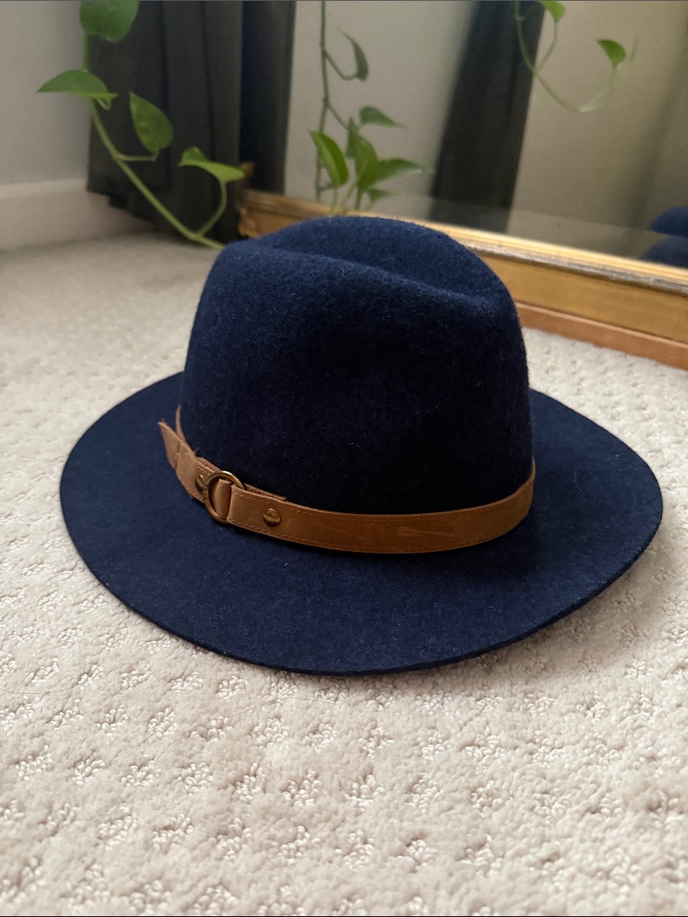 Frye Navy Wool Fedora with Brown Leather Band